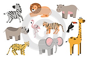 African animals cartoon vector set. elephant, rhino, giraffe, cheetah, zebra, lion, hippo, and outhers. safari isolated