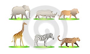 African animals cartoon vector set. elephant, rhino, giraffe, cheetah, zebra, lion. safari isolated illustration - Images vectorie