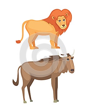 African animals cartoon vector set. lion and antelope safari isolated illustration