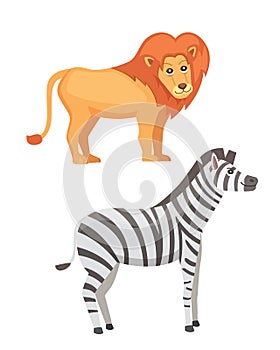 African animals cartoon vector set. lion and zebra safari isolated illustration