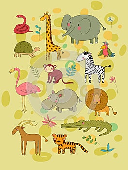 African animals. Cute cartoon lion and tiger, elephant and zebra, monkey and parrot. Fun zoo