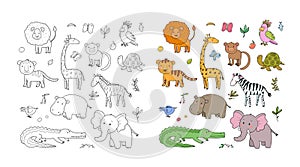 African animals. Cute cartoon lion and tiger, elephant and zebra, monkey and parrot. Fun zoo. Illustration for coloring