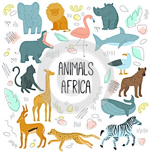 African animals hand drawn cartoon characters vector illustration