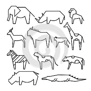 African animals line icons. Line art illustration. Elephant, rhinoceros, lion, monkey, gazelle, giraffe, wildebeest, zebra, cheeta