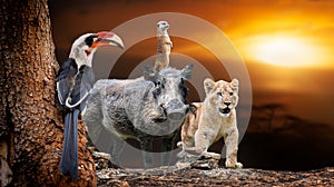 African animals lion, hornbill, meerkat, warthog on savanna sunset background