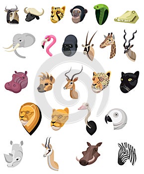 African animals portrait set made in unique simple cartoon style. Heads of leopard, antelope, flamingo, elephant