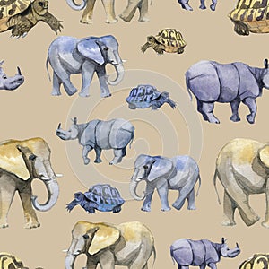 African animals seamless pattern with elefant, rhinoceros and turtle