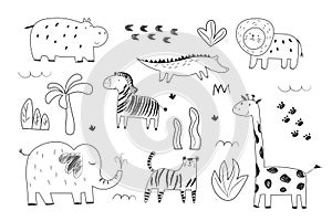 African animals set doodle vector linear drawing elephant, tiger, lion, rhinoceros, hippo, giraffe, zebra, tropical tree