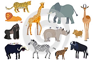 African animals, set of isolated cartoon characters elephant, giraffe and rhino, vector illustration