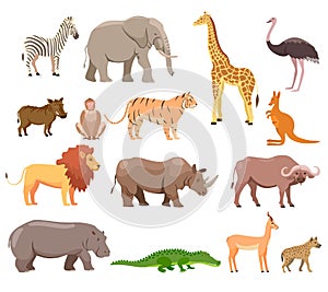 African animals set. Wild jungle fauna. Elephant, giraffe, buffalo, hippo, rhino, lion, antelope, ostrich, hyena