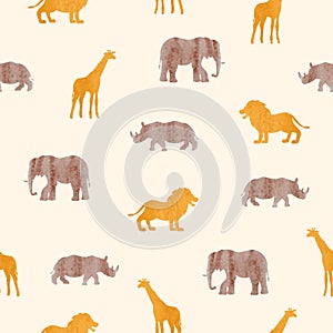 African animals silhouettes seamless pattern. Vector watercolor safari illustration