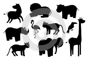 African animals silhouettes set. Vector animals of tropical zone icons collection. EPS