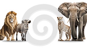 African animals on white isolated background. Lion, cheetah, elephant and warthog