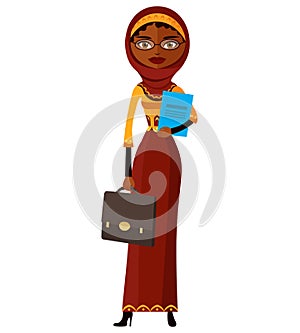 African arab iran worker lady with briefcase flat cartoon vector illustration solated on background