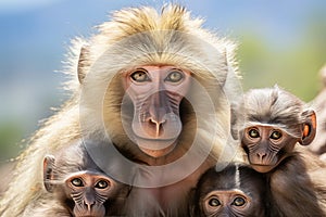 African baboon family amidst breathtaking safari backdrop. Wild life