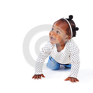 African baby, smile and crawling for development, learning and growing up for cute and adorable on white background