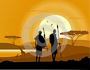 African background. African savanna. Silhouettes of hunters, trees, animals and moon