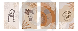 African background.Vector Set of abstract decor posters with afro woman in minimalistic style.Plants, abstract shapes and landscap