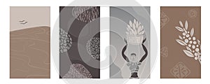 African background.Vector Set of abstract posters with afro woman in minimalistic style. Potter school and jugs, plants, abstract