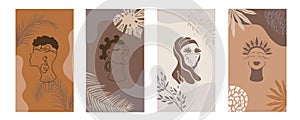 African background.Vector Set of posters with afro woman in minimalistic style. Plants, abstract shapes and landscape.Collection o