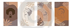 African background.Vector Set of posters with afro woman in minimalistic style. Plants, abstract shapes and landscape.Collection o
