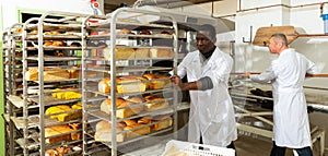 African baker carrying fresh bread on trolley