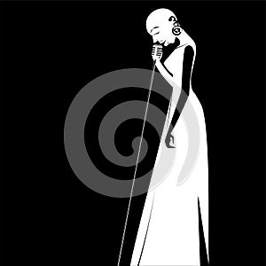 African bald women jazz singer with retro microphone black and white illustration