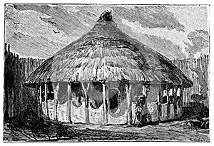 African Bantu Village House.History and Culture of Africa. Antique Vintage Illustration. 19th Century.