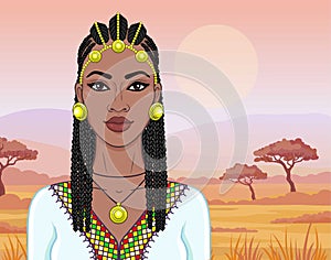 African beauty: animation portrait of the  beautiful black woman in Afro-hair and gold jewelry.