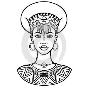 African beauty: animation portrait of the beautiful black woman in ancient clothes and jewelry.