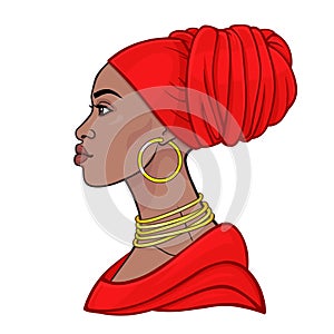 African beauty: animation portrait of the  beautiful black woman in a red turban.