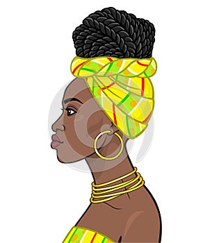 African beauty: animation portrait of the  beautiful black woman in a turban and hairstyle Afro-braids.