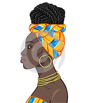 African beauty: animation portrait of the  beautiful black woman in a turban and hairstyle Afro-braids.