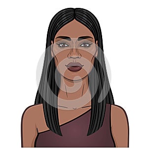 African beauty. Animation portrait of the young beautiful African woman with long black hair.