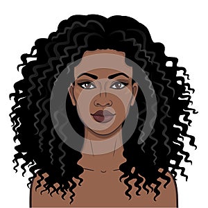 African beauty. Animation portrait of the young beautiful black woman with curly hair.