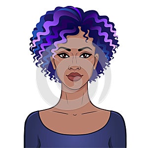 African beauty. Animation portrait of the young beautiful black woman with curly hair.