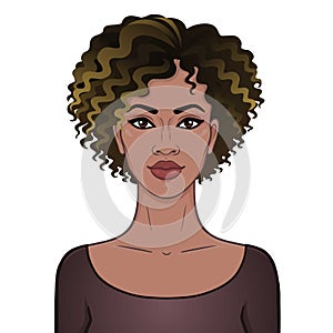 African beauty. Animation portrait of the young beautiful black woman with curly hair.