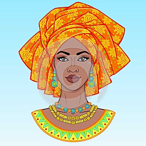 African beauty. An animation portrait of the young black woman in a turban.