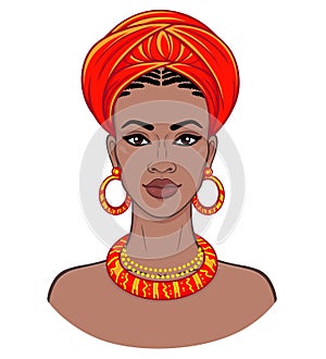 African beauty. Animation portrait of the young black woman in a turban.