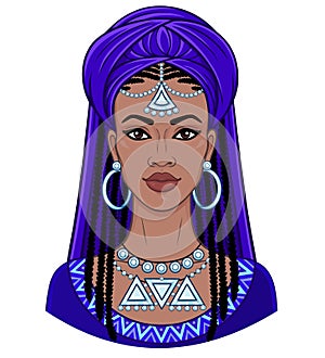 African beauty. Animation portrait of the young black woman in a turban.