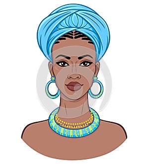 African beauty. Animation portrait of the young black woman in a turban.