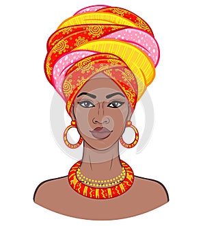 African beauty. Animation portrait of the young black woman in a turban.