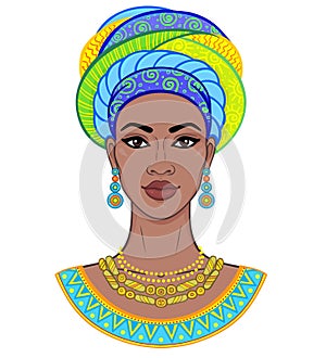 African beauty. Animation portrait of the young black woman in a turban.