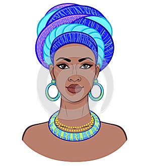 African beauty. Animation portrait of the young black woman in a turban.