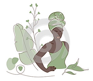 African beauty female outline body silhouette in traditional hat, hair wraps or afro. Vector illustration in flat design