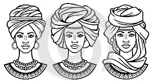 African beauty: set of animation portraits the  beautiful black women in different ancient turbans. photo