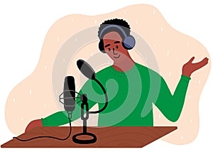 African black man in green clothes is doing live podcast. Male podcaster talking to microphone recording voice in studio. Vector