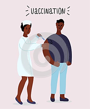 African black nurse vaccinates man. Routine vaccination. Protection against flu, coronavirus. Syringe, uniform. cartoon
