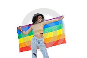 african black women with LGBT rainbow flag happy joyful cheerful celebrate pride month isolated on white background with clipping