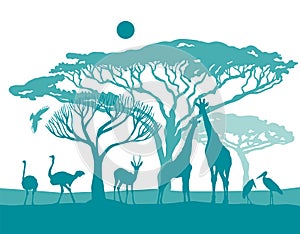 African blue landscape with animals. Vector illustration